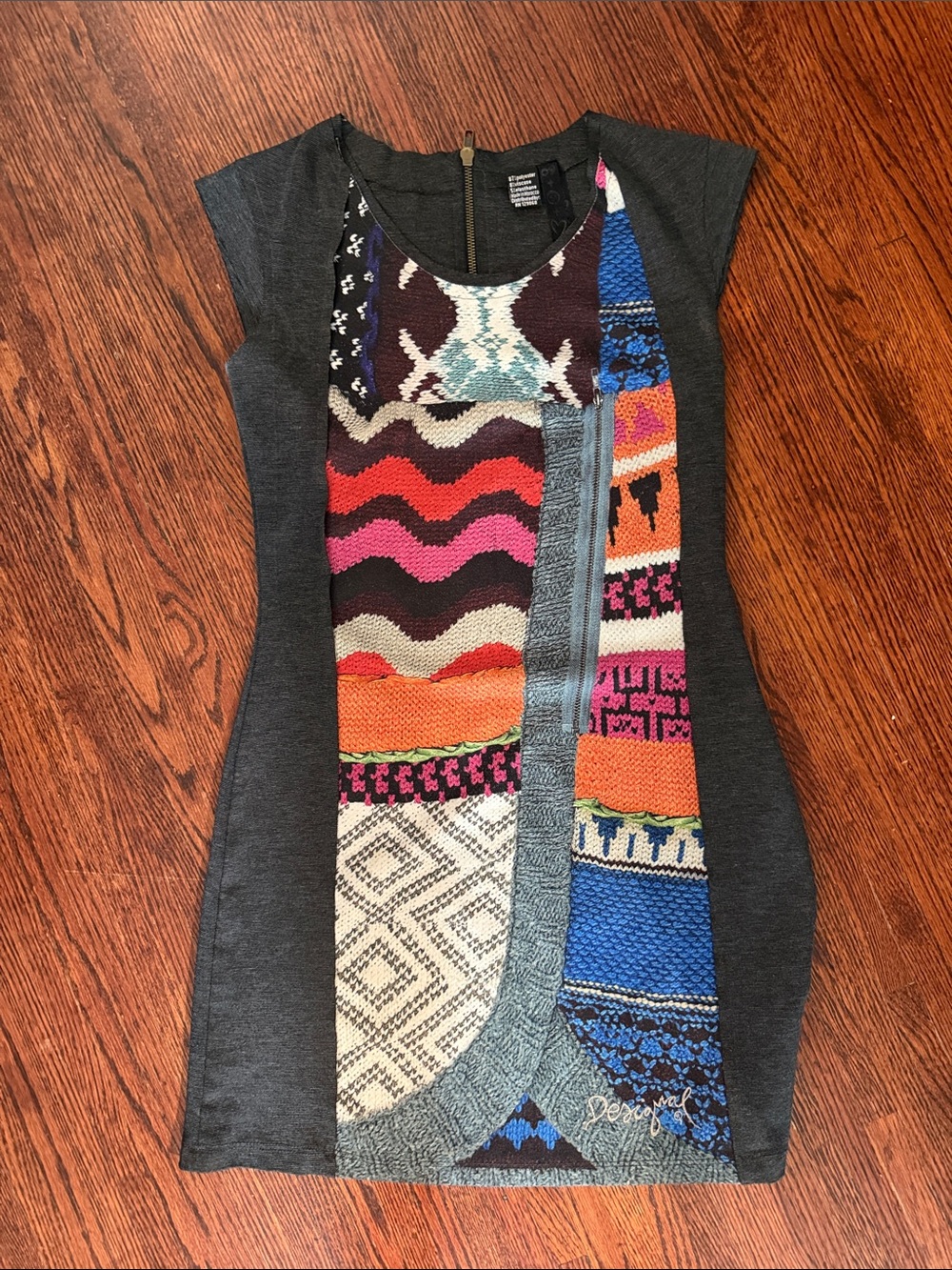 Desigual Charcoal Panel Multicolor Patchwork Knit Mini Dress